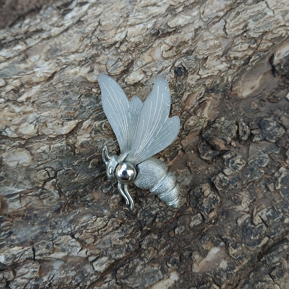 Silver Bee Pin Brooch - Textured Metal Insect Accent